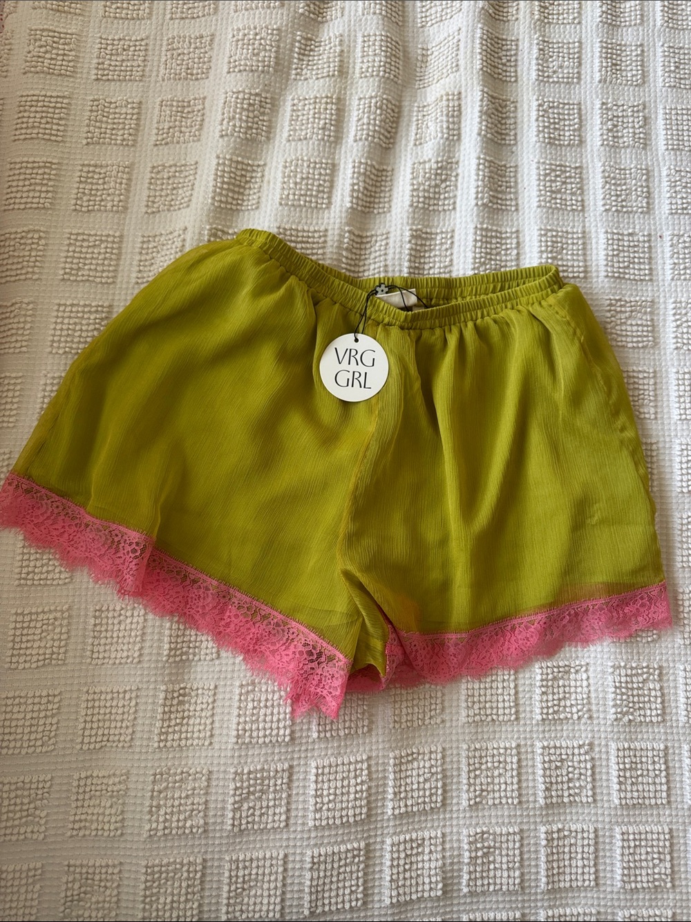 VRG GRL Lime Green Shorts with Pink Lace Trim